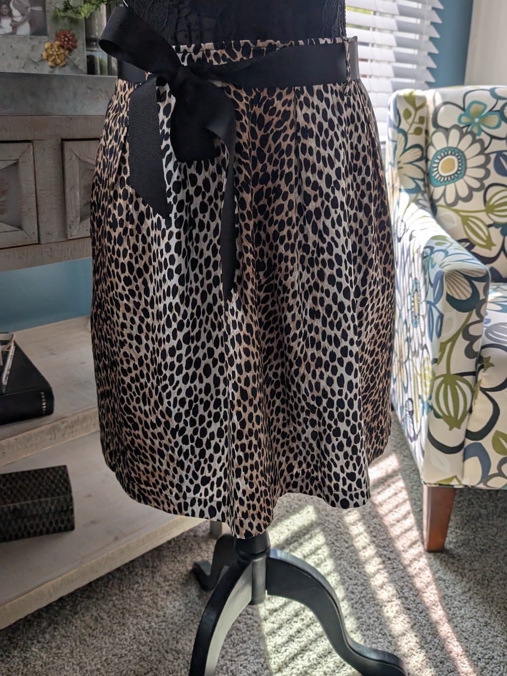 Animal Print A-Line Skirt with Black Waist Tie